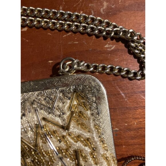 VINTAGE GOLD & BROWN LA REGALE  HAND BEADED PURSE MADE IN HONG KONG WITH FRINGE - Picture 6 of 13